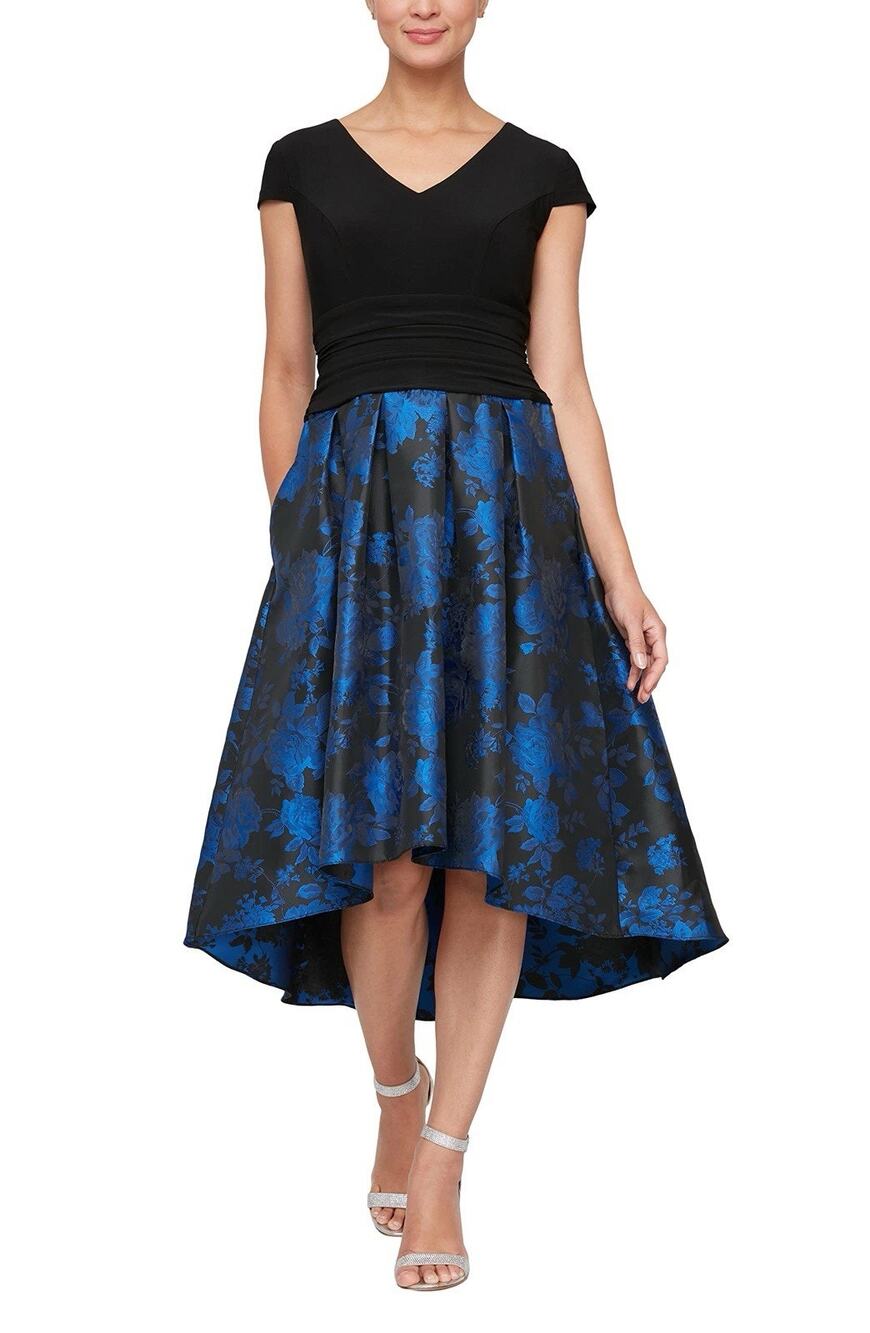 SLNY Fashions Women’s 8P Petite Blue Black Floral High Low Cocktail Party Dress